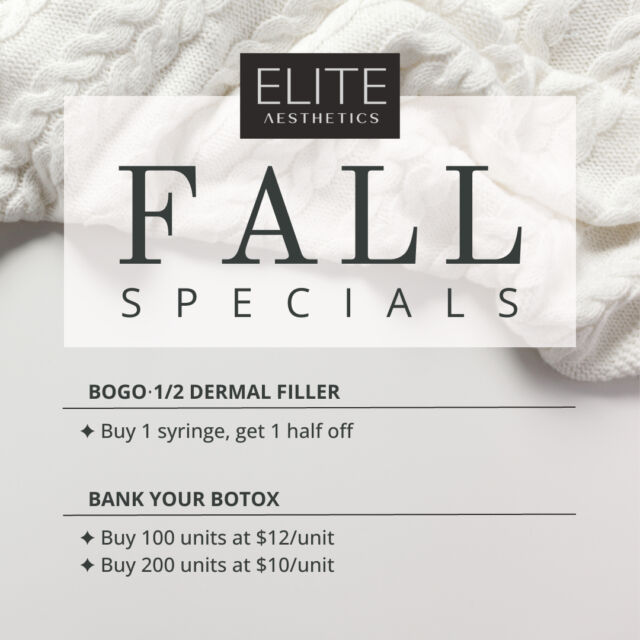 Fall specials are here!! 🍁 ⁣
✦ BOGO1/2 on dermal filler- Buy one syringe, get one syringe half off 
✦ Bank your Botox - 
Purchase 100 units at $12/unit & 200 units at $10/unit

I wanted to give you, my loyal clients, the opportunity to secure these lower prices now before our upcoming slight price increase in November. These fall specials will be available from today until November 1 so book now! 

Call or text 212-647-1930
-or-
Book online at eliteaestheticsnyc.com (link in bio!) 

#nycbotox#nycfiller#nycinjector#sale#bigsale#botoxnyc