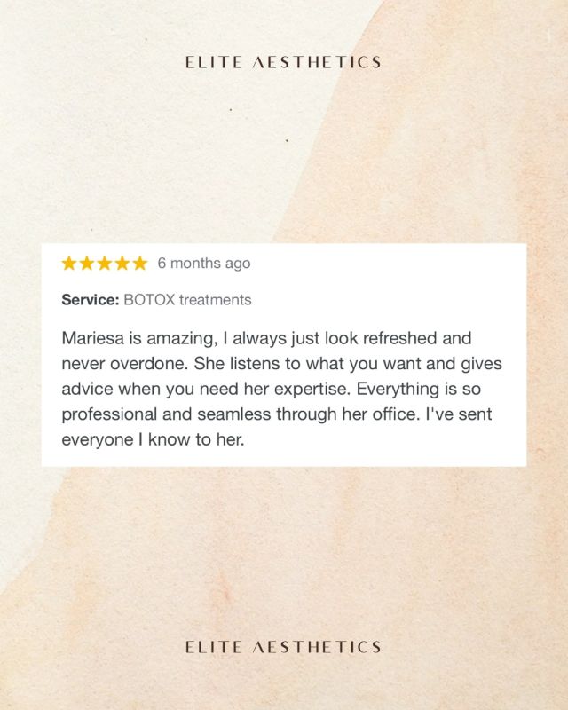 "I always just look refreshed and never overdone" = music to our ears... ★★★★★

Nothing makes us happier than happy clients. We make it a priority to provide exceptional service and personalized attention during every single experience and interaction with us. 

At Elite, we are committed to providing you with only the very best. 🩶

To book:
➖ Tap link in bio
OR
➖ Call/ text 212-647-1930

#5stars#fivestars#medspanyc#medspa#injectornyc#botoxnyc