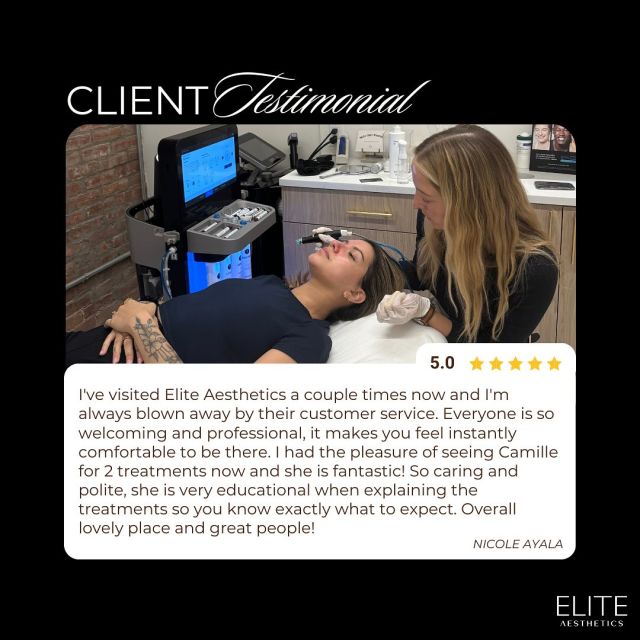 We love hearing about our client’s experience at Elite! One of our loyal customers Nicole left this glowing review for our new skincare expert @camillemckeern 😍👏

At Elite, one of our main priorities is ensuring every person that walks through our doors feels comfortable, relaxed and has an elevated, seamless experience! 

Come see what we’re all about for yourself 🥰 Book now!